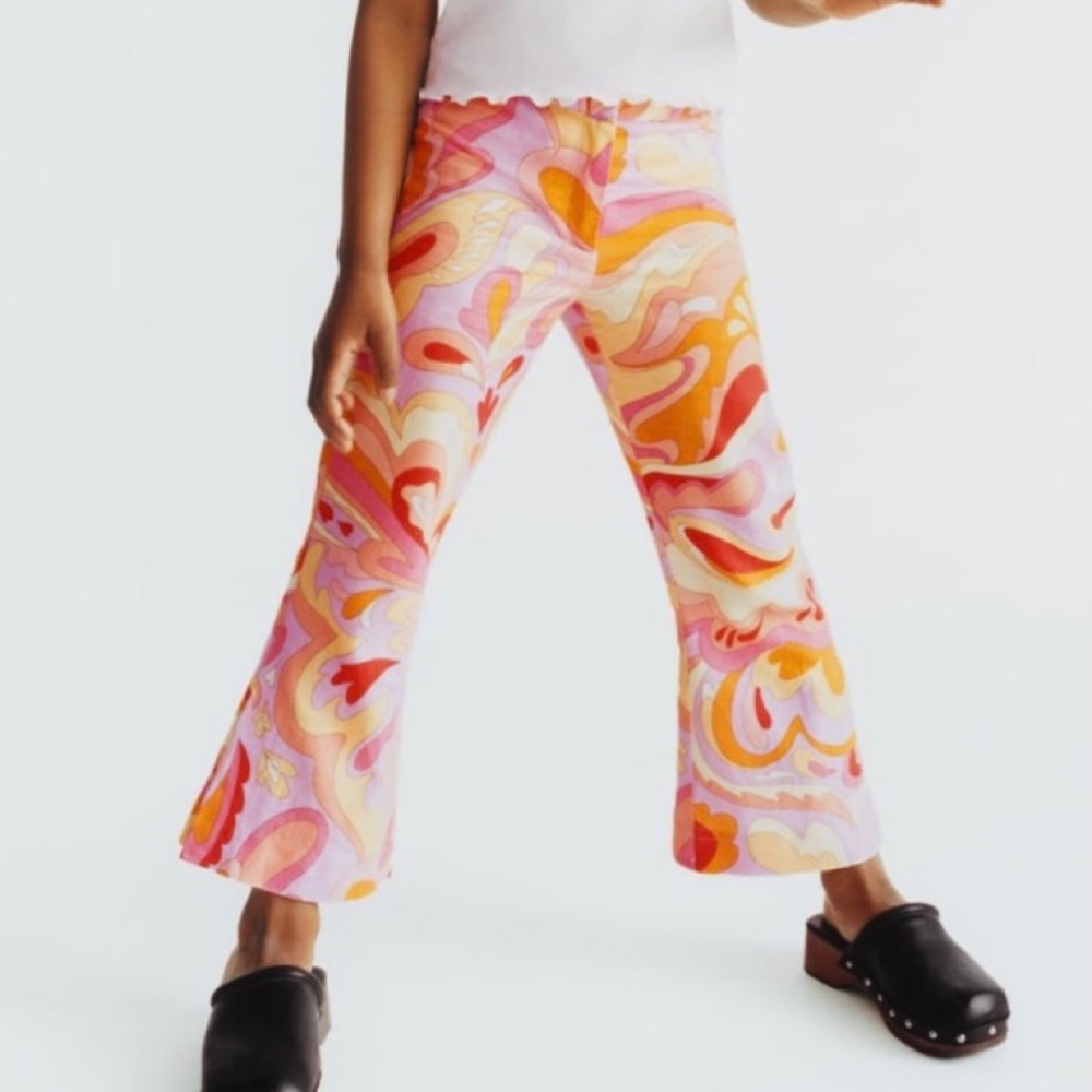 NWT ZARA pink/multicolored printed linen blend flare pants
